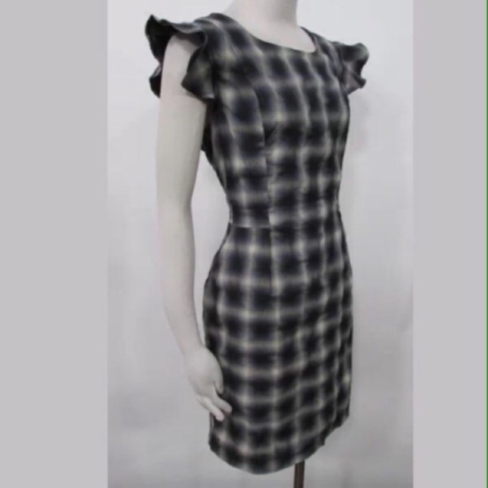 Bar III XS white blue plaid tartan flutter ruffle sleeve sheath dress duchess